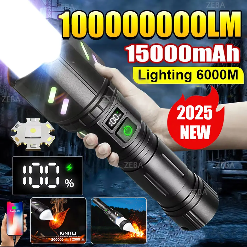 1000000 Lumen High Strong Power Rechargeable Led Flashlight Built-in Battery Zoom-able Adjustable Brightness Tactical Flashlight